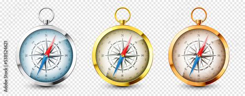 Realistic silver and golden vintage compasses. Marine wind rose and cardinal directions of North, East, South, West. Shiny metal navigational compass. Cartography and navigation. Vector illustration