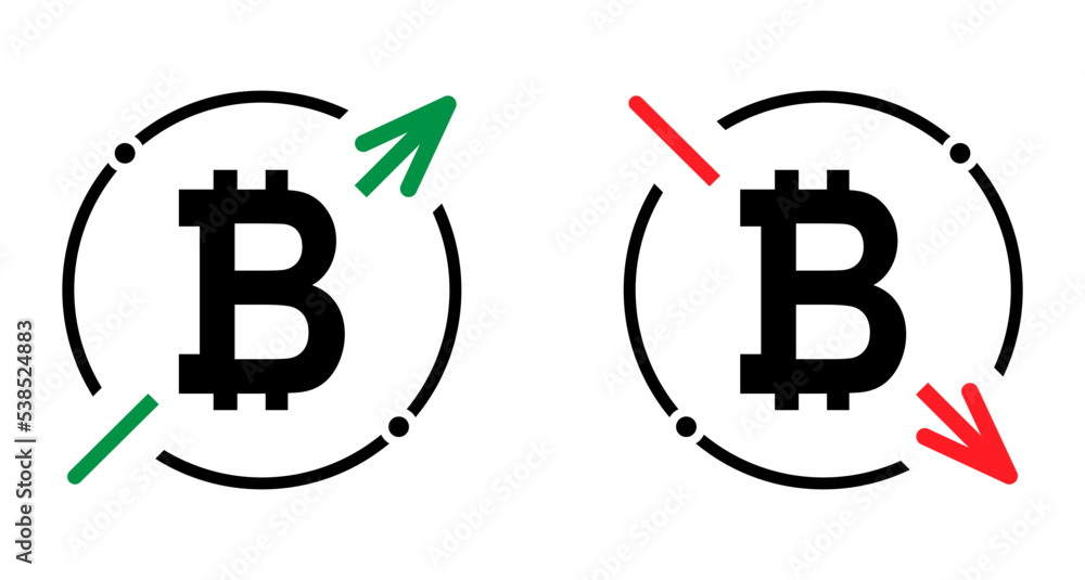 Set of cost symbol bitcoin increase and decrease icon. Money vector symbol isolated on background Set of cost symbol bitcoin increase and decrease icon. Money vector symbol isolated on background
