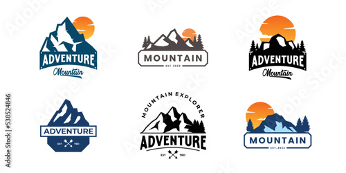 Set of Mountain exploration badge logo design. Mountain travel emblem. Mountain expedition design.