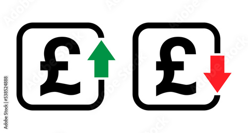 Set of cost symbol pound increase and decrease icon. Money vector symbol isolated on background