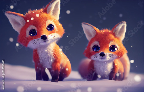 two small cute foxes in the snow,illustration,animals in the snow photo