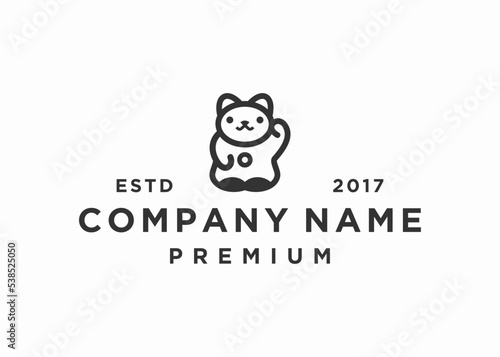 Maneki neko cat wishing good luck with raised paw. Smiling character and mascot bringing fortune and wealth. Vector flat illustration and logo design template. photo