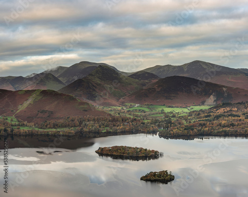 Beautiful landscape Autumn image of view from Walla Crag in Lake District, over Derwentwater looking towards Catbells and distant mountains with stunning Fall colors and light photo