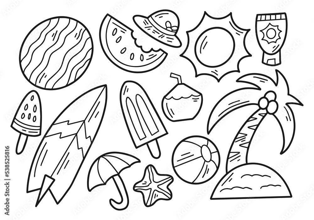 Set of Summer Doodle Outline Illustration Bundle