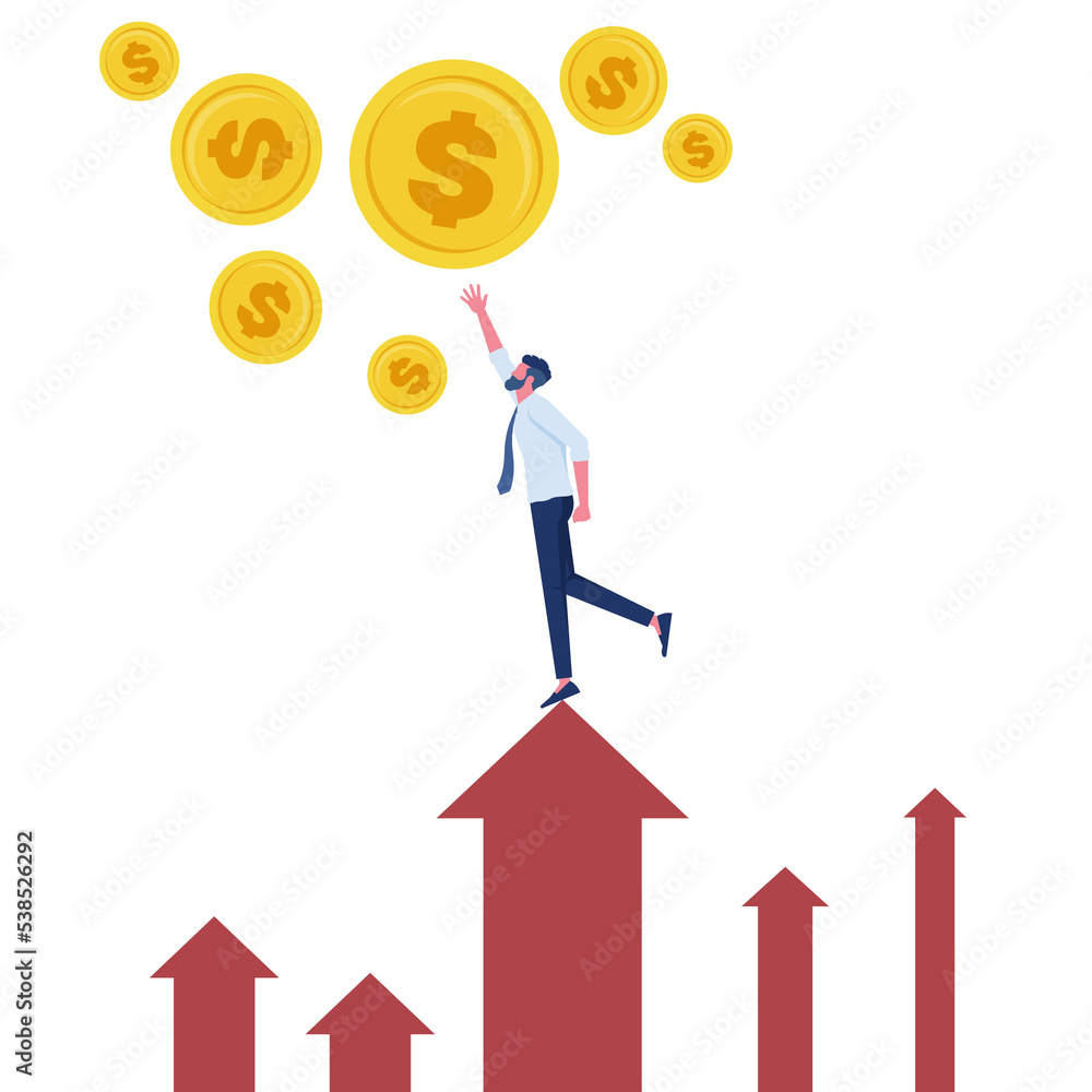 Businessman standing on arrow graph and trying to catch money, financial success and business income concept Businessman standing on arrow graph and trying to catch money, financial success and business income concept