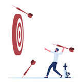 businessman throw many dart arrow hit out of the dartboard, missing the marketing target and customer, fail on company mission and goal