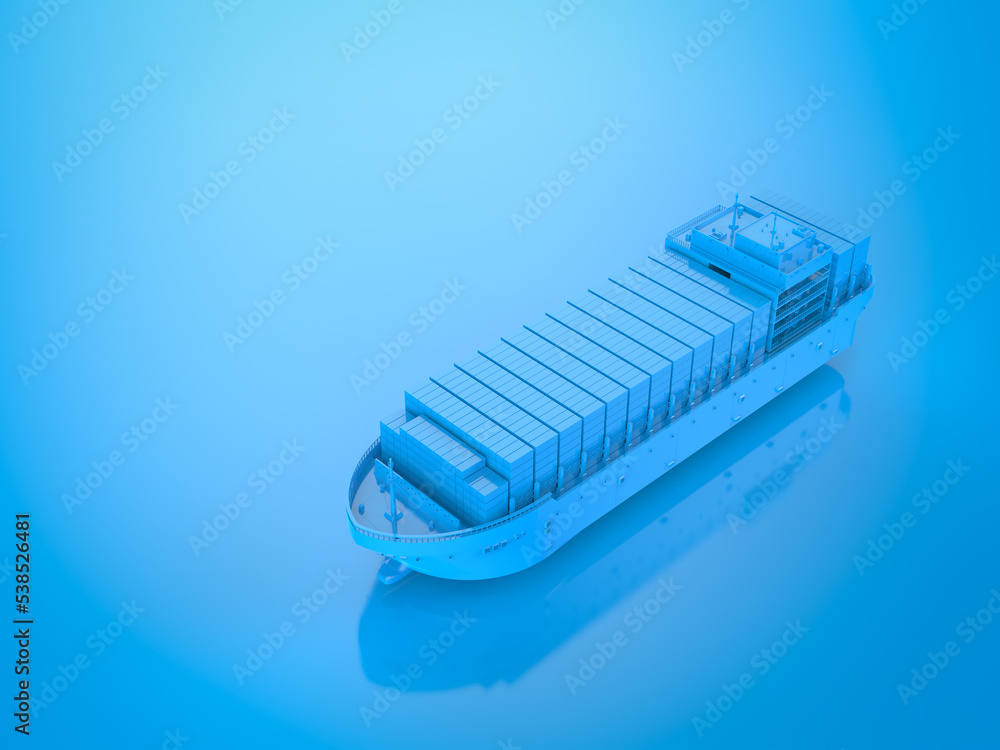 Blue cargo ship or vessel with containers on blue background Blue cargo ship or vessel with containers on blue background