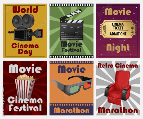 Set of templates movie posters. Vector illustration of cinema attributes on different colorful background and copy-space isolated. World Cinema day,cinemas,banners,posters,cards,print,flyers concept.
