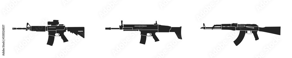 m4 carbine, fn herstal scar and kalashnikov assault rifles. weapon and army symbol. vector image for military web design