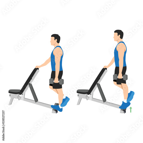 Man doing Standing calf raise with dumbbell exercise. Flat vector illustration isolated on white backgrounder  photo