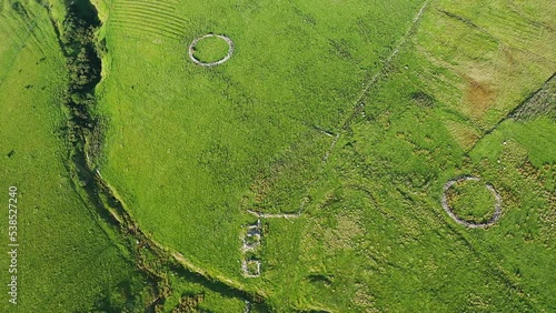 Aerial views of ruins and round sheepfolds at Gortmore in Northern Ireland photo