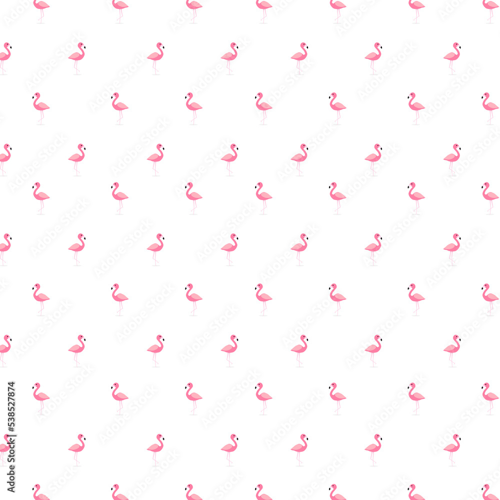 Pink flamingo jpeg illustration. flat design isolated on white background. Flamingo seamless pattern. jpg image. Cute pink tropical wallpaper and fabric print. Doodle illustration

