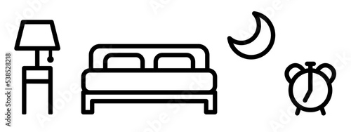 Bedroom icon with lamp, bed, crescent moon and alarm clock