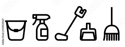 Cleaning tools icons with bucket, sprayer, vacuum cleaner, dustpan and broom