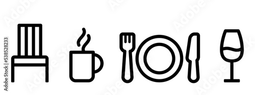 Kitchen icon with chair, coffee cup, knife, fork, plate and wine glass