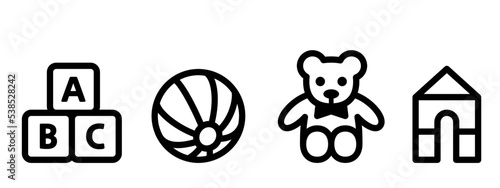 Children's room icons represented by blocks, balls, teddy bears and building blocks photo