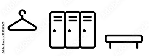 Dressing room icons represented by hangers, lockers and low sofas