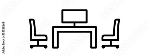Meeting room icon with a large desk, two chairs and a monitor