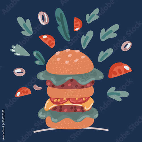  artoon vector illustration of burgers of beef, cheese and vegetables