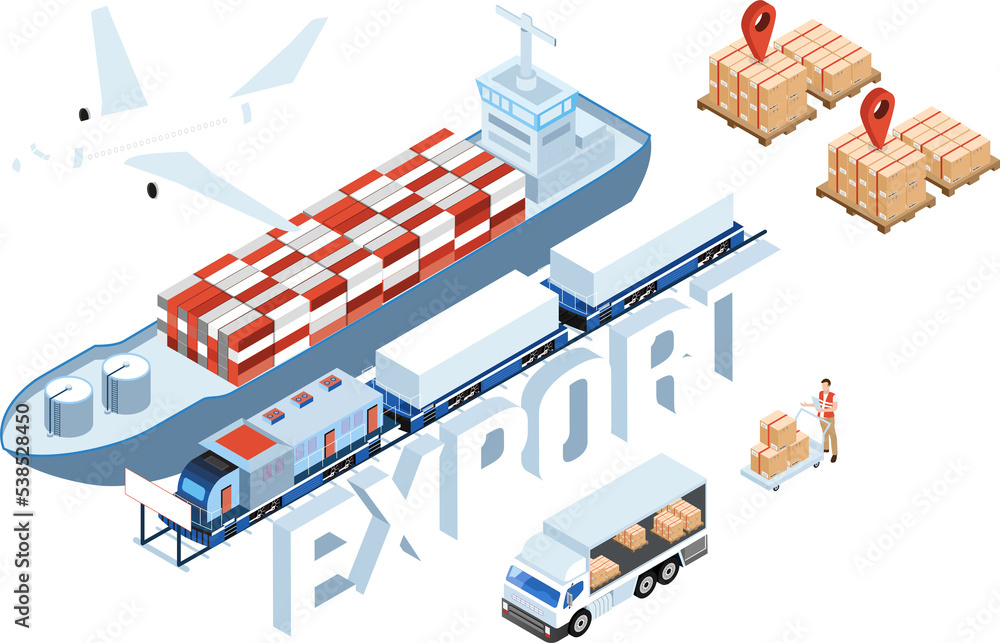 3D isometric Global logistics network concept with Export, Import ...