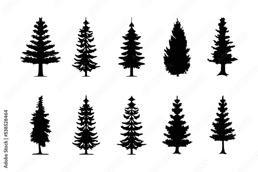 pine tree silhouette logo, icon set, symbol collection.