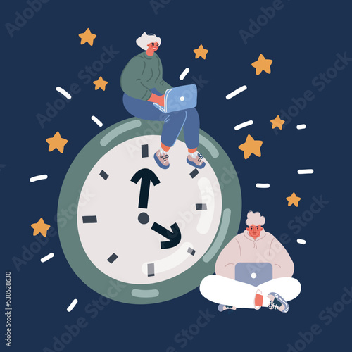 Сartoon vector illustration of Concept of interaction people and time set. Collection of man and woman business timing, earn money, self organization, missed opportunities, day planning
