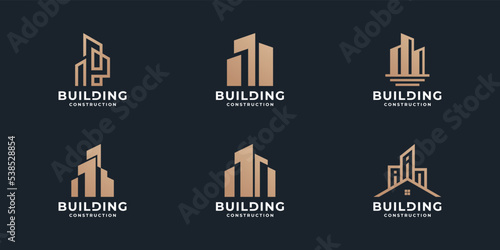 set of building icon business logo design collection. real estate logo vector with golden color.