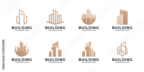 set of building icon business logo design collection. real estate logo vector with golden color.