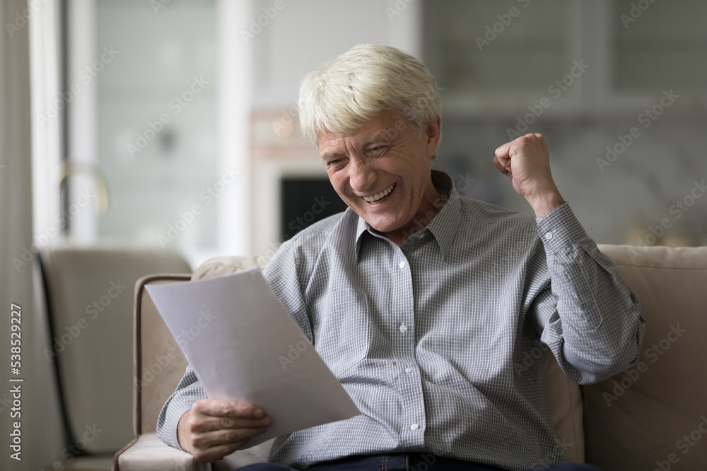 Overjoyed senior man sitting on sofa with papers, reading letter feels excited by good fantastic news received, get social pension growth, bank notification about loan repayment, money refund, profit Overjoyed senior man sitting on sofa with papers, reading letter feels excited by good fantastic news received, get social pension growth, bank notification about loan repayment, money refund, profit