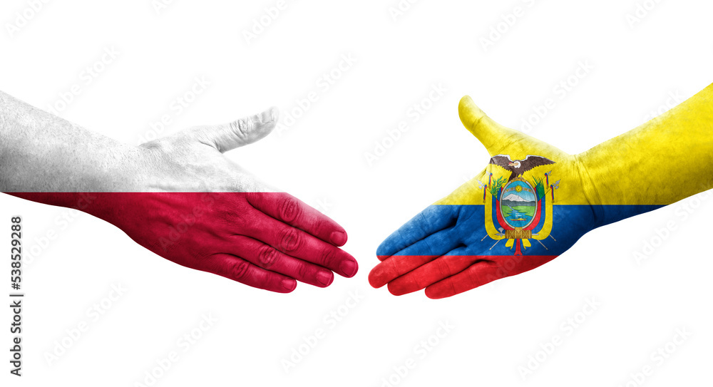 Handshake between Ecuador and Poland flags painted on hands, isolated transparent image. Handshake between Ecuador and Poland flags painted on hands, isolated transparent image.