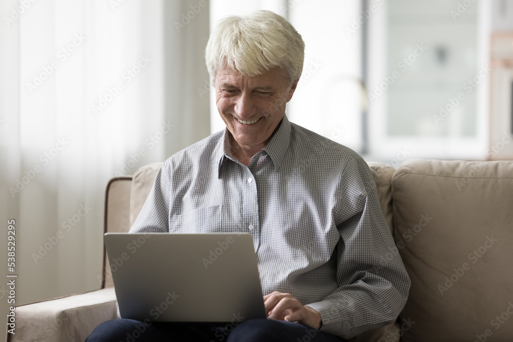Happy older man sitting on couch using modern laptop, browsing webpage smile staring at device screen enjoy easy usage of wireless tech. E-commerce, electronic services user, distance communication Happy older man sitting on couch using modern laptop, browsing webpage smile staring at device screen enjoy easy usage of wireless tech. E-commerce, electronic services user, distance communication