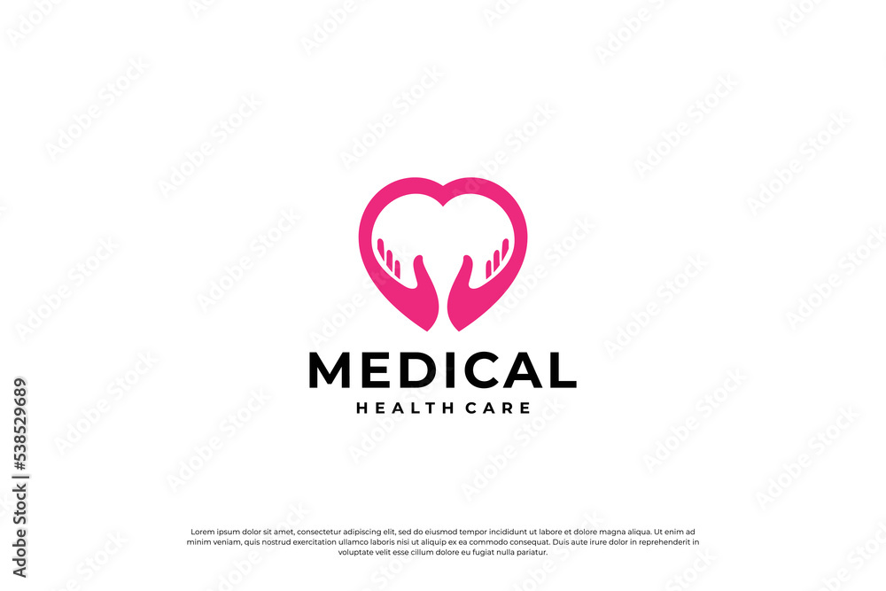 creative healthcare logo design. love with hand combination logo concept.