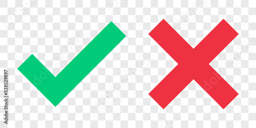 green tick and red cross mark isolated on transparent background. flat checkmark signs set, vector illustration