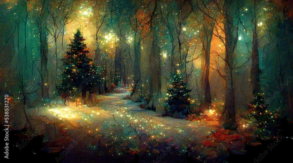Decorated Christmas forest. AI render.