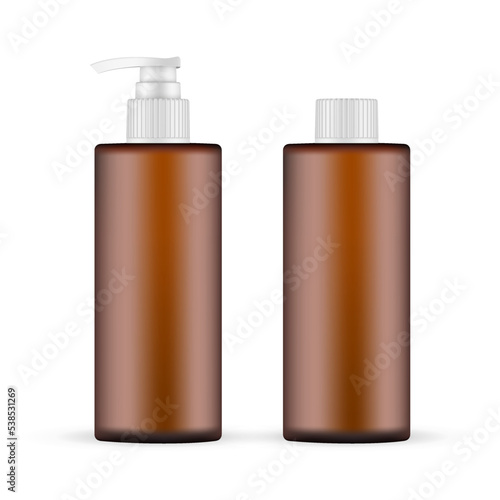 Amber Cosmetic Bottles for Shampoo or Lotion, Isolated on White Background. Vector Illustration