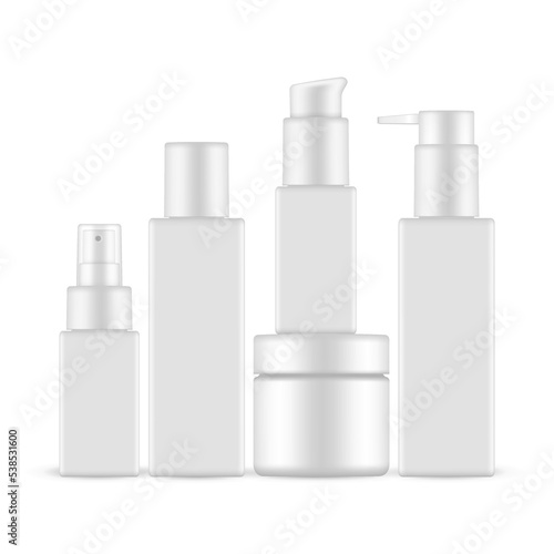 Plastic Rectangular Cosmetic Bottles Set, Pump, Spray and Jar, Isolated on White Background. Vector Illustration