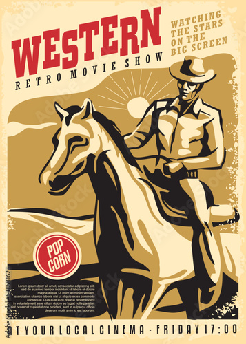 Cowboy riding his horse, retro poster design idea for western movies festival. Vintage cinema flyer with horse rider. Vector illustration.