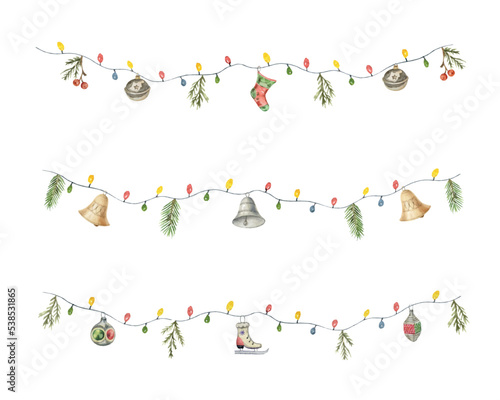 Watercolor vector garland set with vintage toys, light bulbs, bells and fir branches.