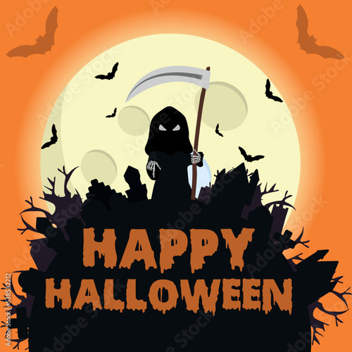Halloween background flat design vector. Bone Death character. Symbol crossbones against the background of the moon. Orange square