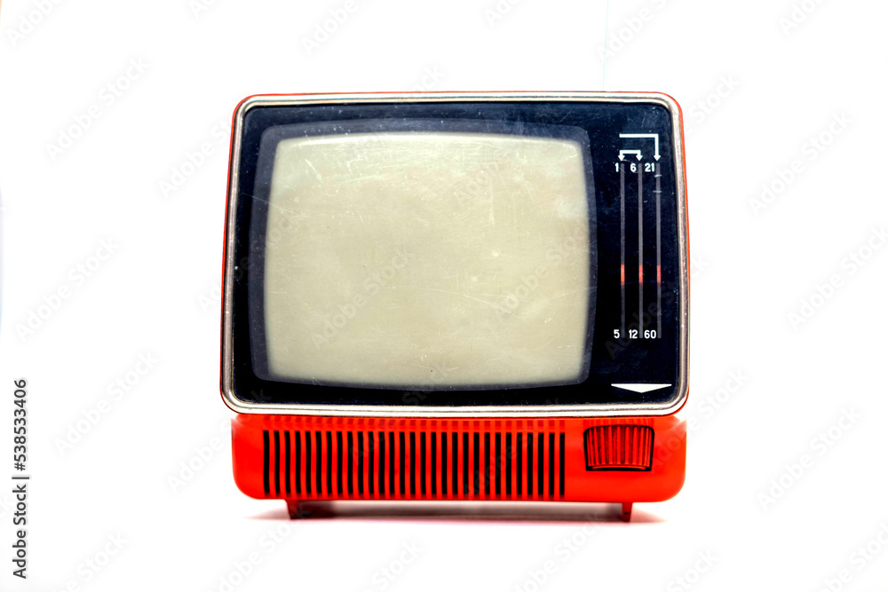 Vintage red Television set isolated on white background Stock Photo