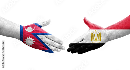Handshake between Egypt and Nepal flags painted on hands, isolated transparent image.