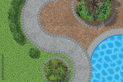 Landscaping in the garden with a path and a swimming pool. Top view. Modern contemporary luxurious garden design. View from above.