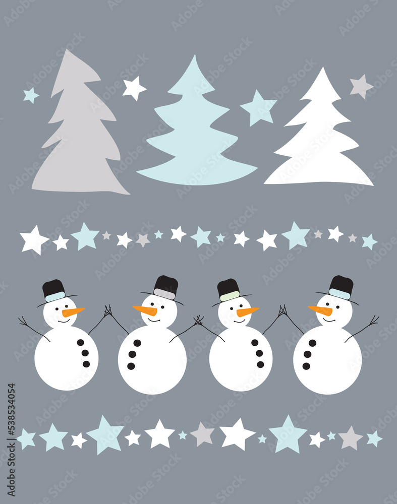 Christmas vector Snowman and dancing Christmas trees among the stars