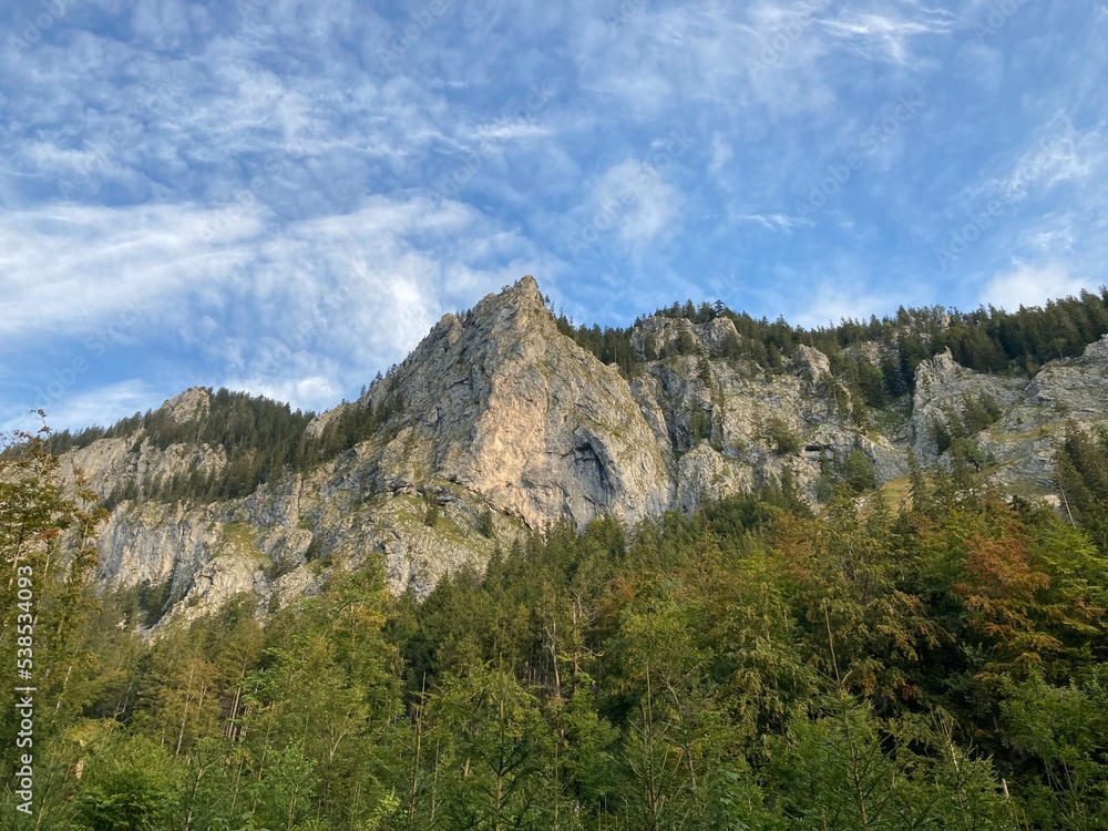 Big mountains landscape in the summer sunny day. Big rocks mountain with green forest, trees, fields, plants and grass. Summer blue sky in the mountain nature landscape. Big mountains landscape in the summer sunny day. Big rocks mountain with green forest, trees, fields, plants and grass. Summer blue sky in the mountain nature landscape.