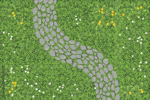 Landscape design. Stone pavement with grass. Top view. Walkway landscape with stone path, paving flagstone. View from above.