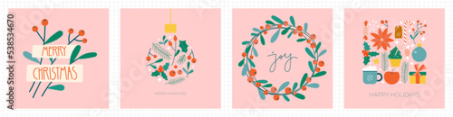 Christmas floral greeting card set. Flat modern decoration prints with cute baubles, fir branches, red berries and sweets. Perfect for New Year letter, invitation, flyer template.