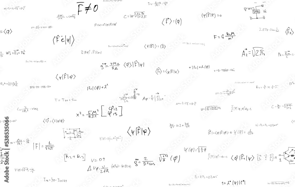 Formulas of astrophysics, quantum mechanics, radio circuits. Scientific, educational background on white. Hand drawn.