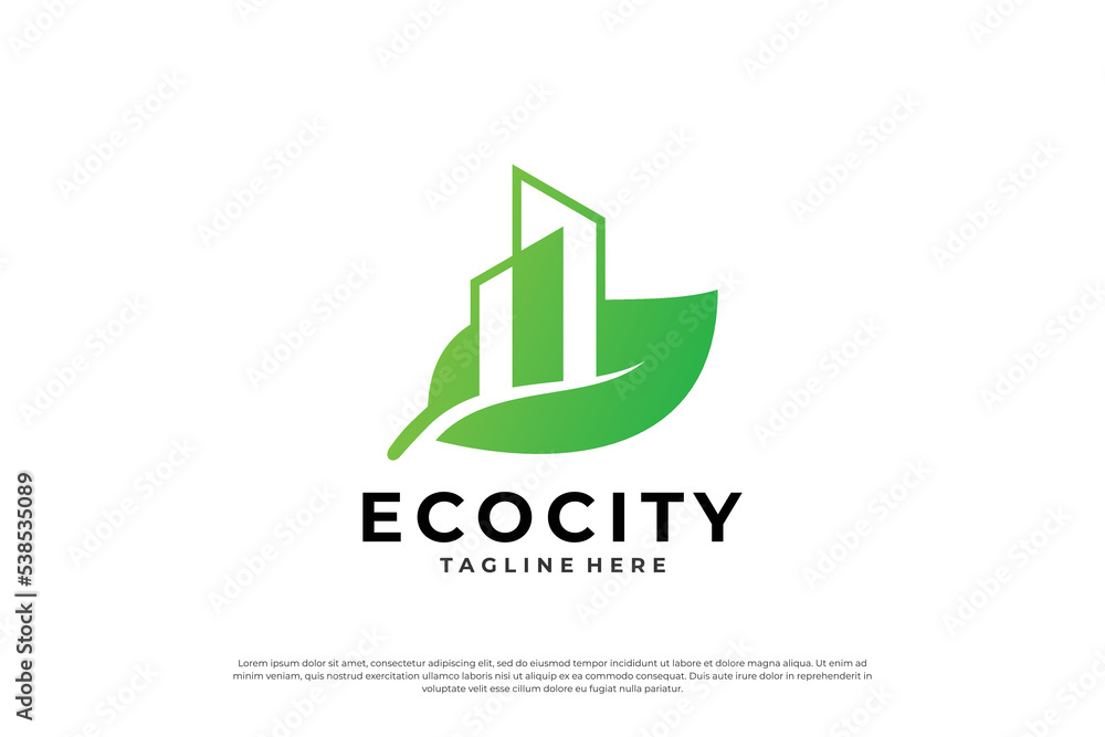 Creative Eco city logo design, building combine with leaf template.