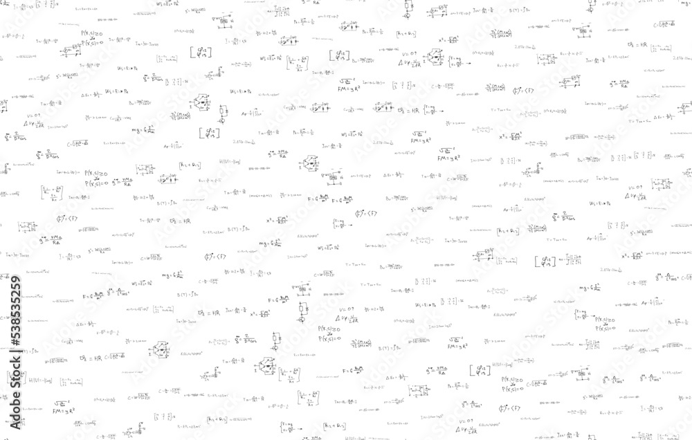 Formulas of astrophysics, quantum mechanics, radio circuits. Scientific, educational background on white. Hand drawn. Formulas of astrophysics, quantum mechanics, radio circuits. Scientific, educational background on white. Hand drawn.