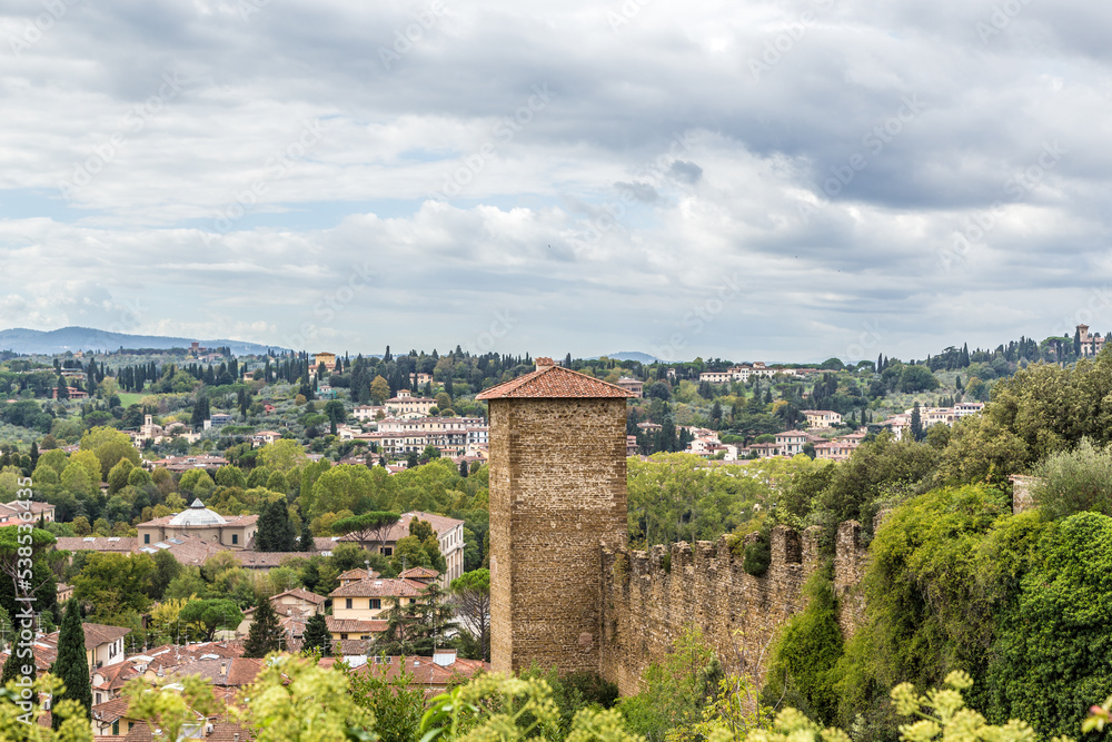 Florence, Italy. Medieval fortress wall with a tower surrounding the Boboli gardens
